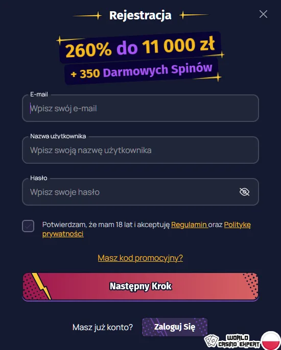 Rejestracja w SpinLander Casino